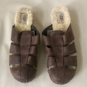 UGG Australia Brown leather fur-lined slides clogs